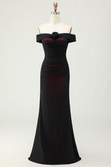 Black Pink Mermaid Off the Shoulder Long Bridesmaid Dress with 3D Flower
