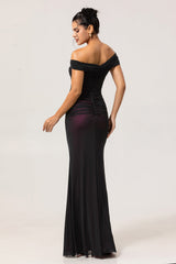 Black Pink Mermaid Off the Shoulder Long Bridesmaid Dress with 3D Flower