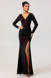 Black Red V-Neck Long Sleeves Bridesmaid Dress with Slit