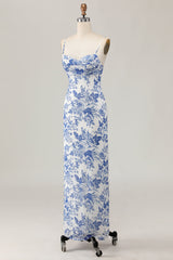 White and Blue Floral Ruched Sheath Long Wedding Guest Dress