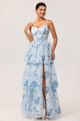 White and Blue Floral Corset Ruffled Long Wedding Guest Dress with Slit