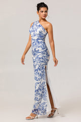White Blue Floral One Shoulder Long Bridesmaid Dress with Slit
