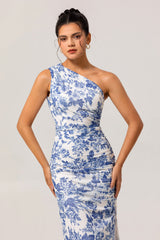 White Blue Floral One Shoulder Long Bridesmaid Dress with Slit