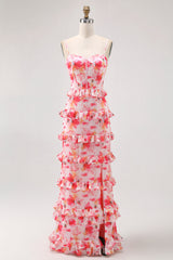 Pink Floral Sheath Ruffled Long Bridesmaid Dress with Slit