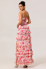 Pink Floral Sheath Ruffled Long Bridesmaid Dress with Slit