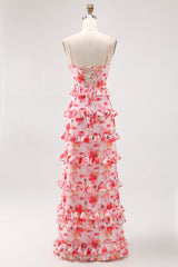 Pink Floral Ruffled Sheath Long Bridesmaid Dress with Slit