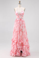 Sparkly Blush Corset Floral Ruffled Pearls Long Bridesmaid Dress with Slit