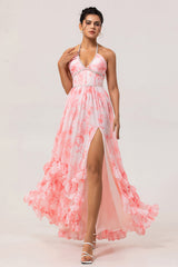 Sparkly Blush Corset Floral Ruffled Pearls Long Bridesmaid Dress with Slit