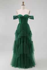 Dark Green Tulle A-Line Tiered Long Corset Wedding Guest Dress