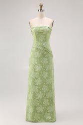 Sage Green Sheath Strapless Long Floral Wedding Guest Dress