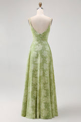 Sage Green Floral A-Line Spaghetti Straps Long Wedding Guest Dress