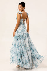 Blue A Line Floral Chiffon Long Bridesmaid Dress with Bows