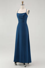 Dark Blue Satin Spaghetti Straps Long Bridesmaid Dress