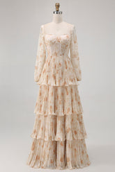 Champagne Floral Corset Tiered Long Bridesmaid Dress with Sleeves