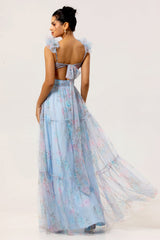 Blue V-Neck Floral A Line Long Bridesmaid Dress with Bow