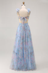 Blue V-Neck Floral A Line Long Bridesmaid Dress with Bow