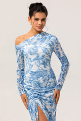 Blue One Shoulder Floral Satin Long Bridesmaid Dress with Slit
