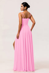 Blush Pink A Line Long Chiffon Wedding Guest Dress with Slit