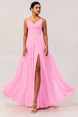 Blush Pink A Line Long Chiffon Wedding Guest Dress with Slit