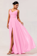Blush Pink A Line Long Chiffon Wedding Guest Dress with Slit
