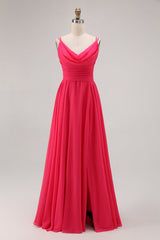 Hot Pink Chiffon A Line Long Wedding Guest Dress with Slit