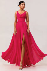 Hot Pink Chiffon A Line Long Wedding Guest Dress with Slit