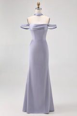 Dusty Blue Satin Off the Shoulder Long Bridesmaid Dress
