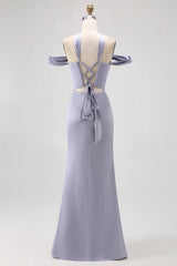 Dusty Blue Satin Off the Shoulder Long Bridesmaid Dress
