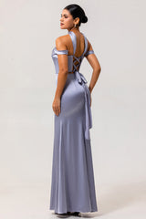 Dusty Blue Satin Off the Shoulder Long Bridesmaid Dress