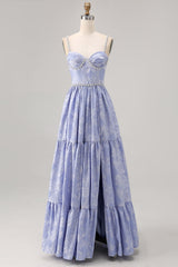 Sparkly Blue Floral Jacquard Long Bridesmaid Dress with Slit