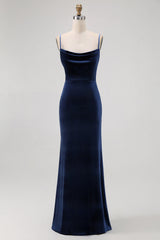 Dark Blue Spaghetti Straps Velvet Long Bridesmaid Dress