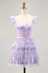 Lilac Corset Tiered Short Floral Homecoming Dress with Ruffles