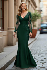 Dark Green Mermaid V-Neck Lace Long Sleeves Mother of the Bride Dress