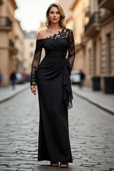 Black Ruched One Shoulder Long Sleeves Mother of the Bride Dress with Appliques