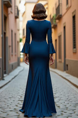 Navy Mermaid V-Neck Long Mother of the Bride Dress with Sleeves