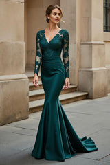 Pine Mermaid Satin V-Neck Long Mother of the Bride Dress with Appliques