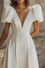 Simple Ivory Deep V-Neck Maxi Rehearsal Dinner Dress with Sleeves