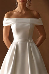 Simple Ivory Satin A Line Maxi Wedding Reception Dress with Belts