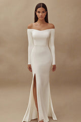 Satin Ivory Off the Shoulder Maxi Wedding Reception Dress with Slit