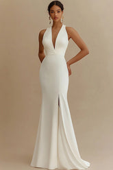 Ivory Mermaid Maxi V-Neck Rehearsal Dinner Dress with Slit