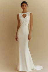 Ivory Boat Neck Satin Mermaid Maxi Rehearsal Dinner Dress