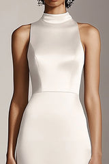 Ivory Satin High Neck Sheath Maxi Rehearsal Dinner Dress