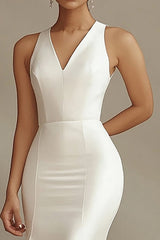 Ivory Mermaid V-Neck Satin Sweep Train Rehearsal Dinner Dress