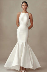 Ivory Mermaid Boat Neck Satin Maxi Rehearsal Dinner Dress