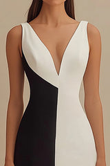 Black and White Satin V-Neck Mermaid Long Formal Dress