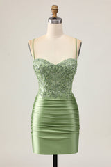 Sparkly Sage Green Tight Corset Short Homecoming Dress with Sequins