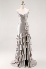 Grey Ruffled Corset Mermaid Metallic Long Prom Dress with Slit