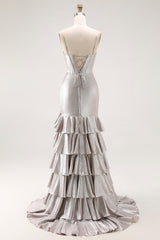 Grey Ruffled Corset Mermaid Metallic Long Prom Dress with Slit