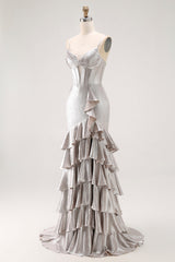 Grey Ruffled Corset Mermaid Metallic Long Prom Dress with Slit