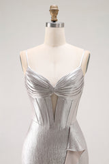 Grey Ruffled Corset Mermaid Metallic Long Prom Dress with Slit
